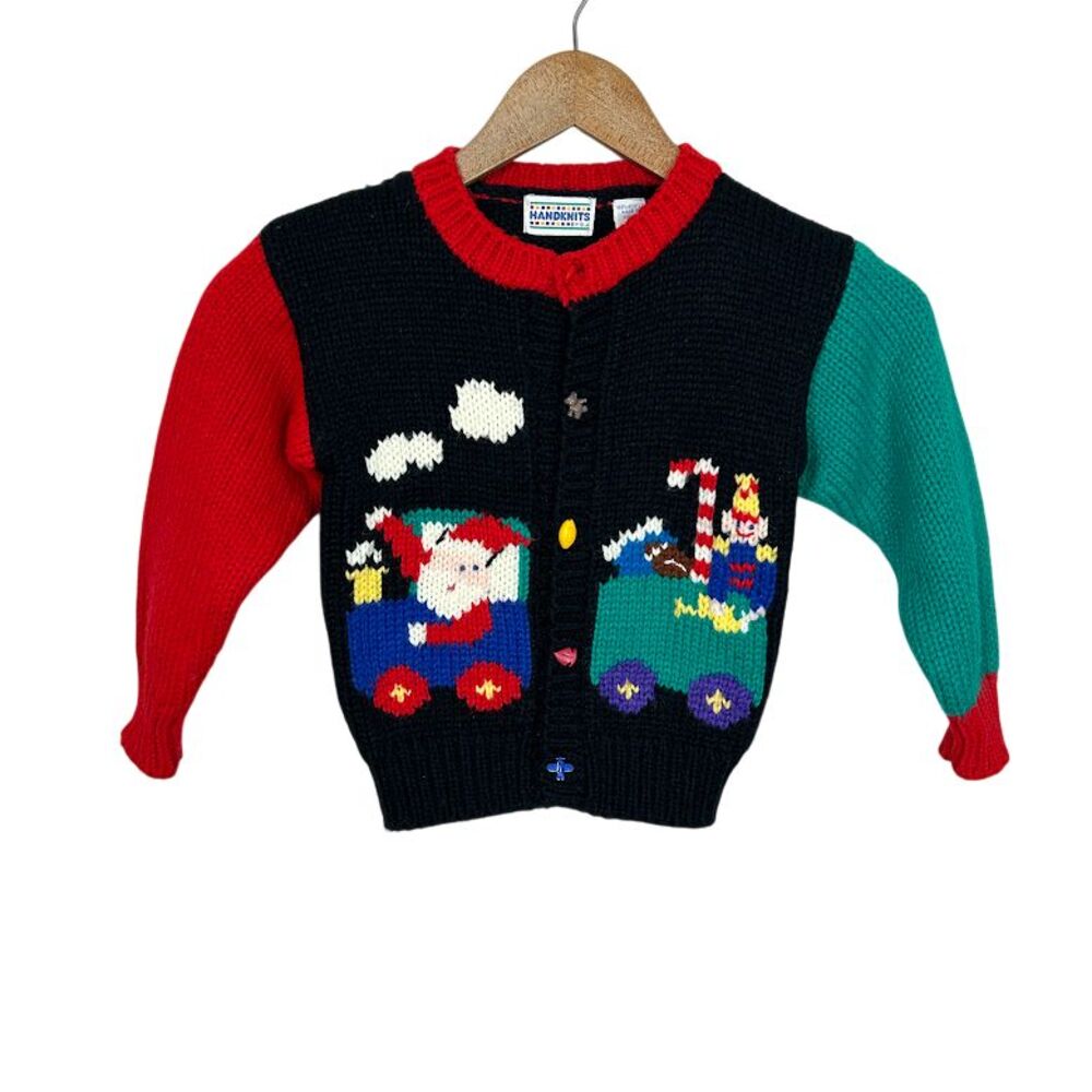 VTG Handknits By BJ Knit Cardigan Sweater 4T Christmas Santa Clause Kitschy